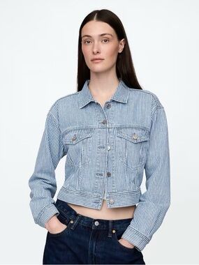 GAP Striped Blue and White Cropped Denim Jacket